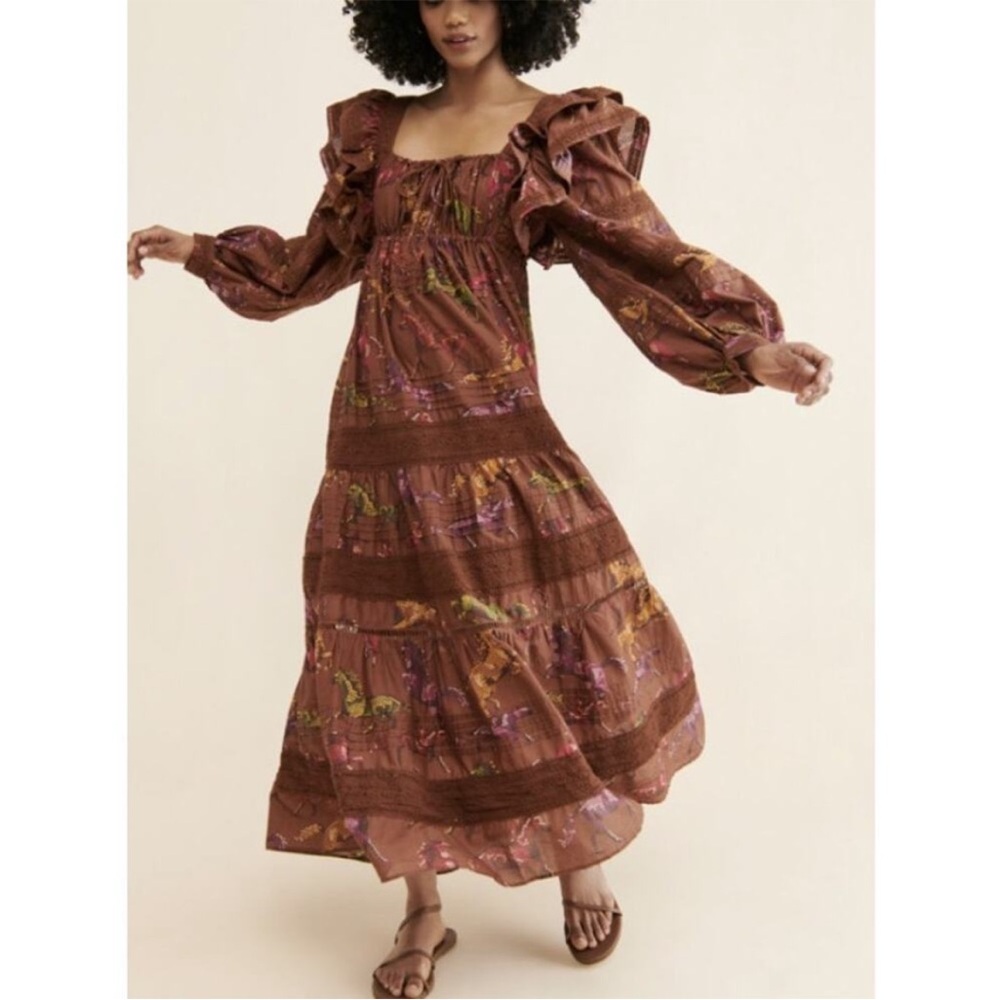 Farm Rio Dotted Horse Brown Tiered Maxi Dress XS